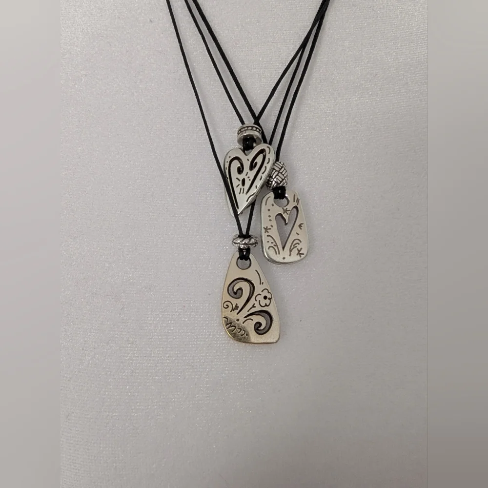 Classic Brighton Silver Triple Heart Black Cord Necklace